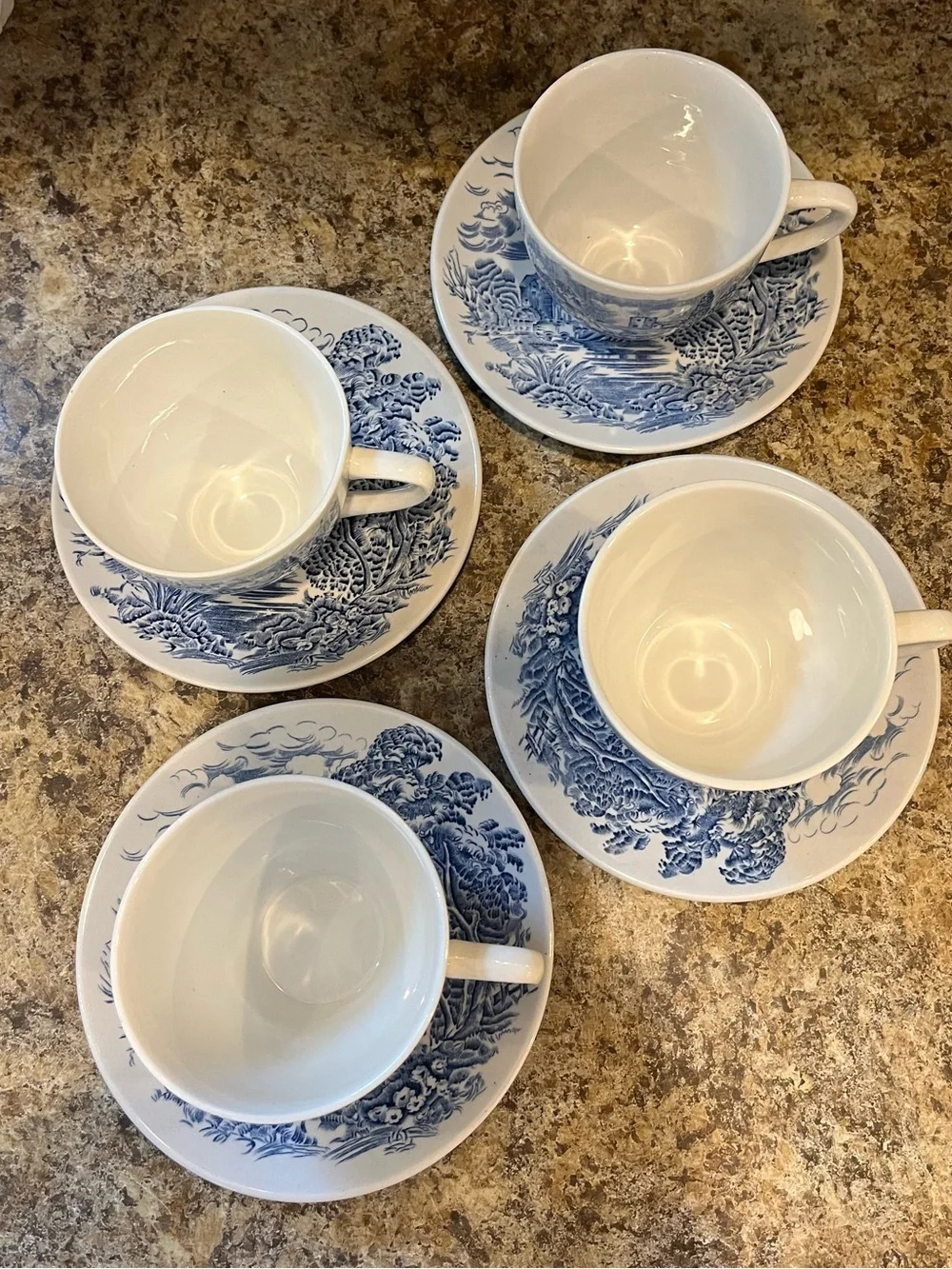 Wedgwood Countryside Teacups and Saucers Set of 4 Blue and White, England